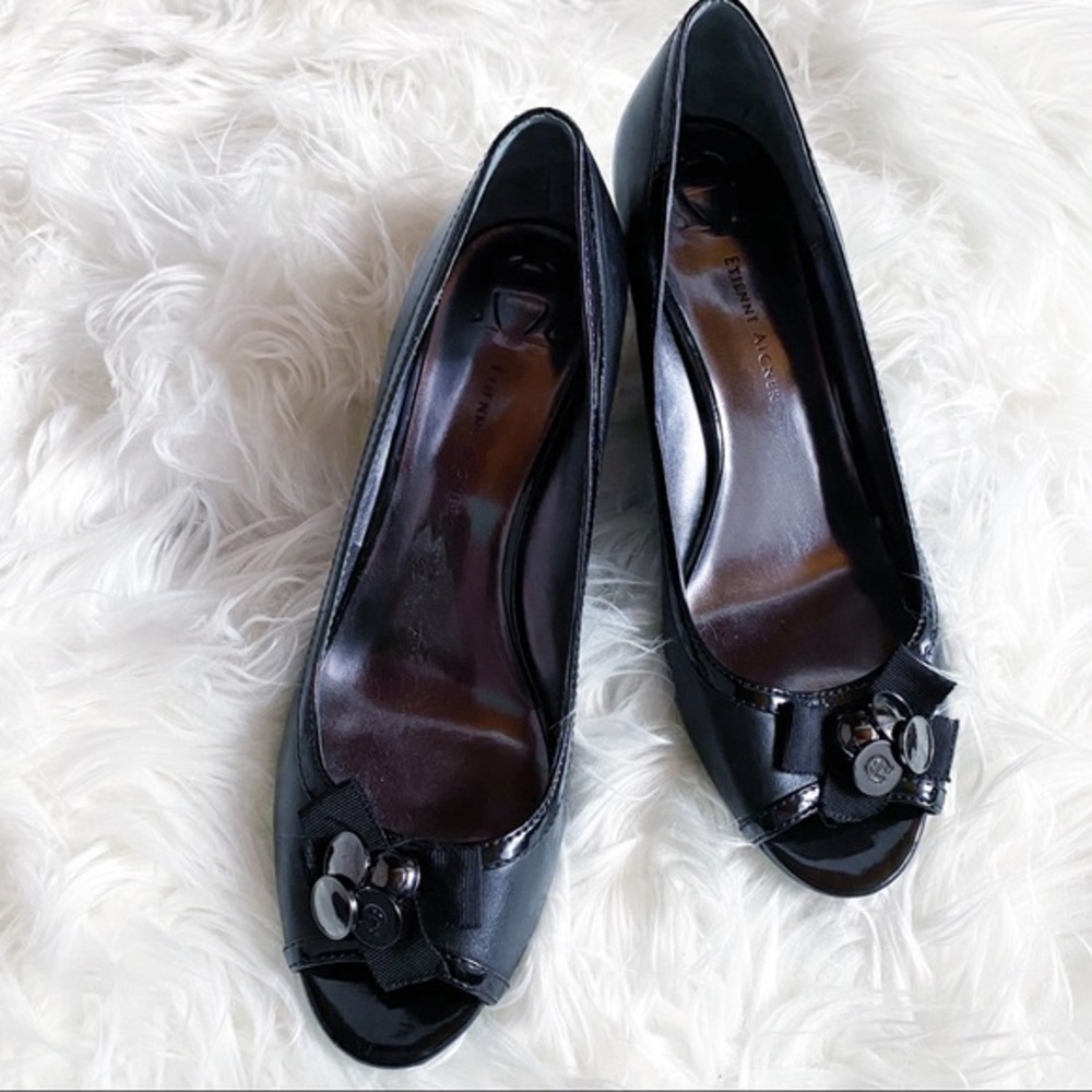 Etienne Aigner Black Peep Toe Patent Wedges SZ 8.5